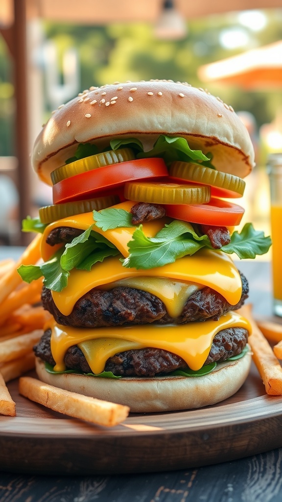 A classic cheeseburger with beef patty, cheddar cheese, lettuce, tomato, pickles on a bun, served with fries.